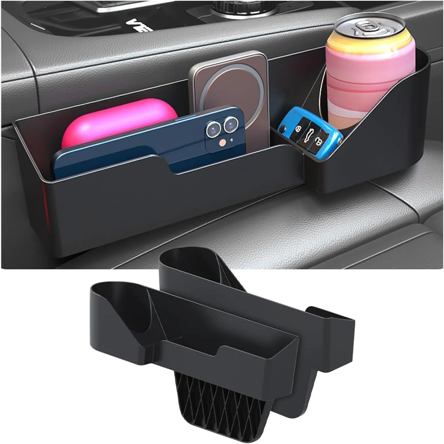 KASTWAVE 2 عدد سازمان دهنده پرکننده شکاف صندلی خودرو با جا لیوانی، سازمان دهنده کنسول مرکزی چند منظوره برای تلفن های همراه، کلیدها، کیف پول، سکه، لوازم جانبی پرکننده شکاف جهانی خودرو (مشکی)