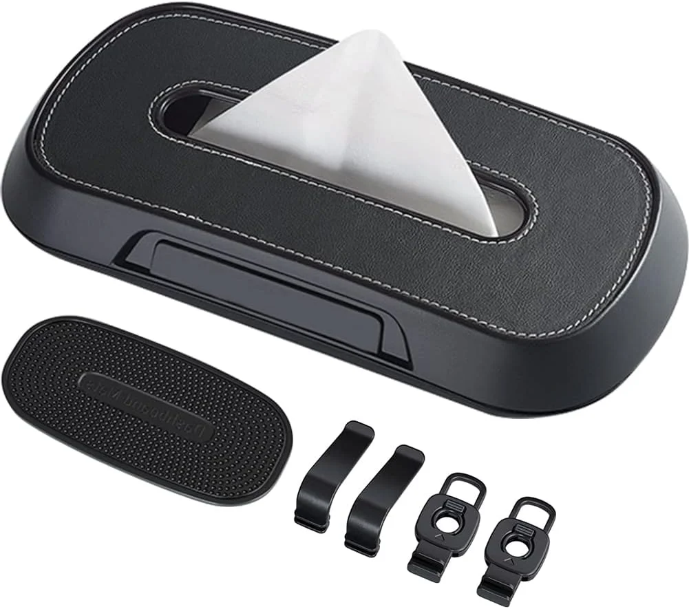 جا دستمال کاغذی خودرو BETYMAO با گیره آفتابگیر و قلاب پشت سری - جا دستمالی یونیورسال خودرو با پد ضد لغزش - چرم مشکی