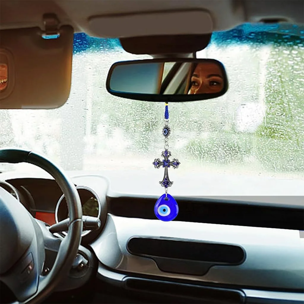آویز آینه خودرو طرح چشم نظر HASTHIP®، آویزهای آبی رنگ برای آینه عقب، دکور مهره ای، آویز لوازم جانبی خودرو برای قاب پنجره و درب بالکن