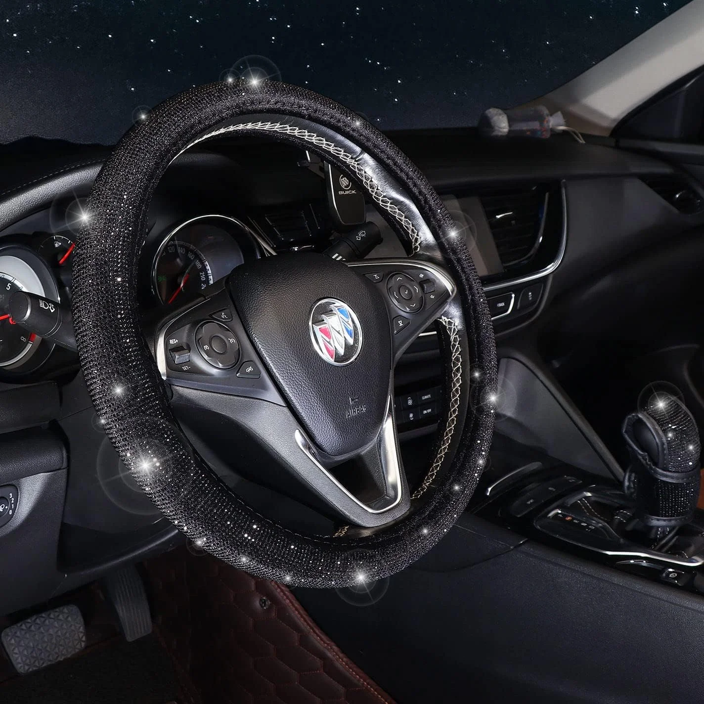 مجموعه 7 تکه لوازم جانبی خودرو مشکی براق ToBeQueen، لوازم جانبی خودرو نگین دار کریستالی برای زنان و دختران 15 اینچی، روکش کمربند ایمنی، روکش دسته دنده نگین دار، حلقه دکمه استارت فشاری، زیر لیوانی نگین دار خودرو، مشکی