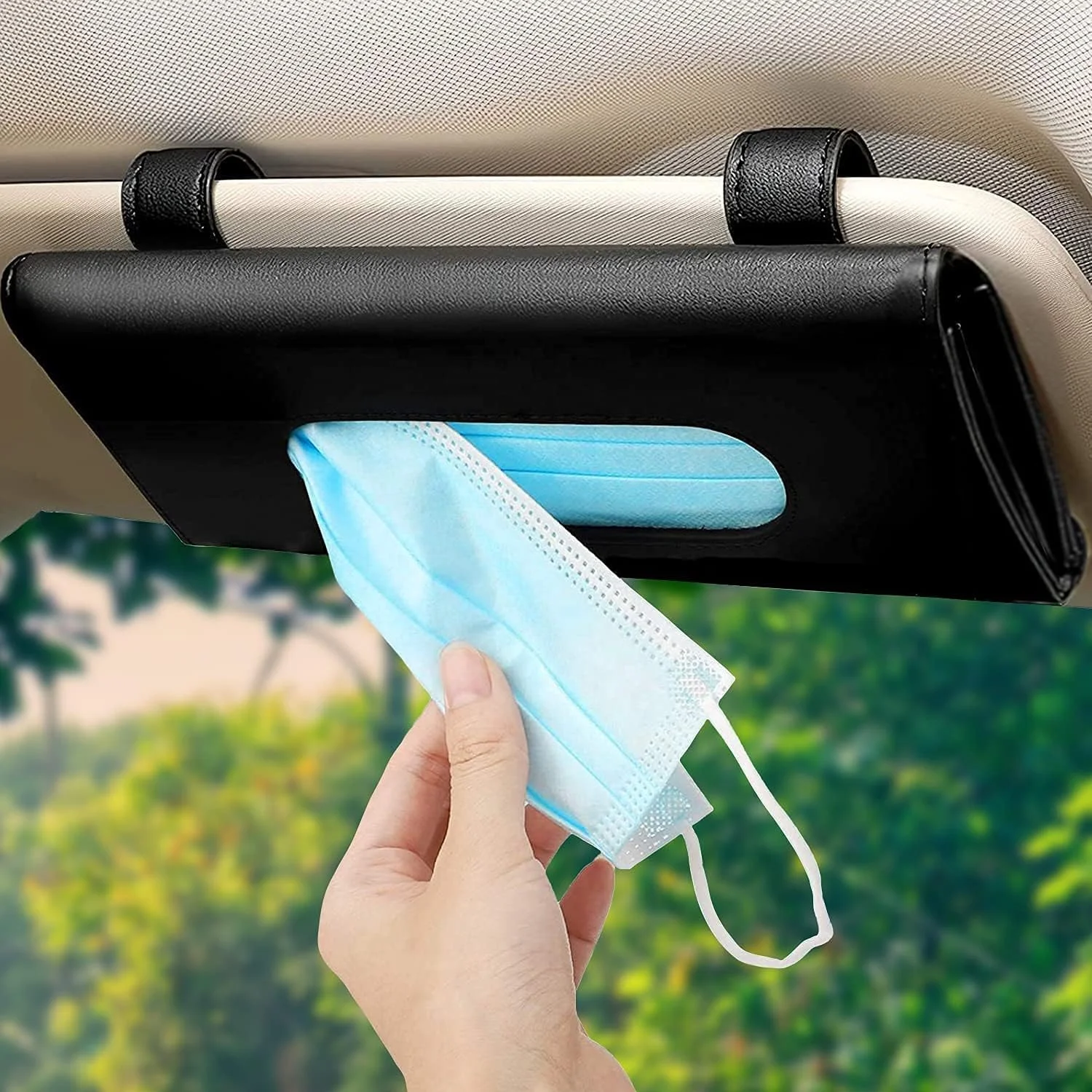 جعبه دستمال کاغذی برای آفتابگیر خودرو، جا دستمال کاغذی، نگهدارنده دستمال کاغذی، گیره چرمی PU، لوازم جانبی خودرو، مشکی