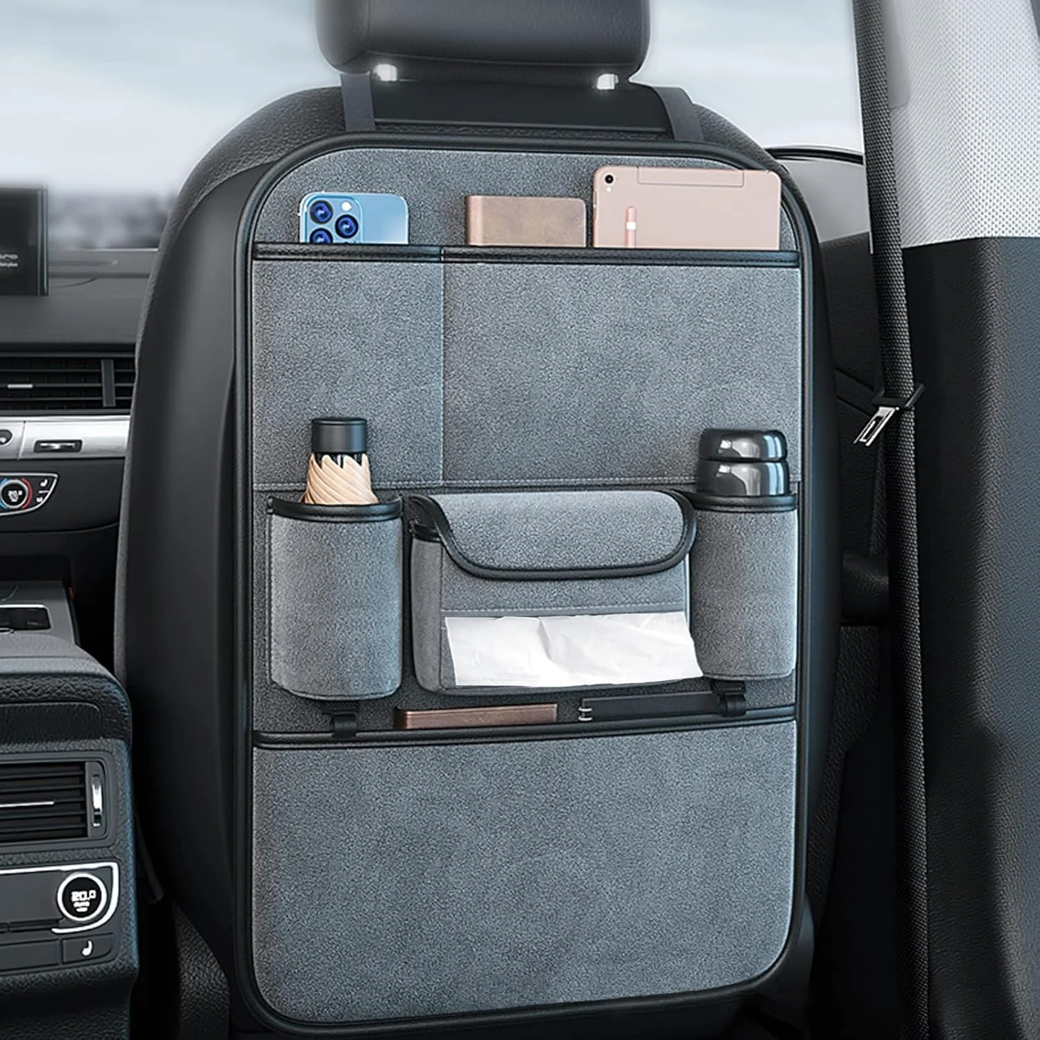 کیف پشتی صندلی خودرو замшевый با ظرفیت بالا، سازمان دهنده صندلی عقب خودرو با قلاب، محافظ پشتی صندلی، لوازم جانبی مسافرتی خودرو، مرتب نگه داشتن خودرو (خاکستری) (JX032-9)