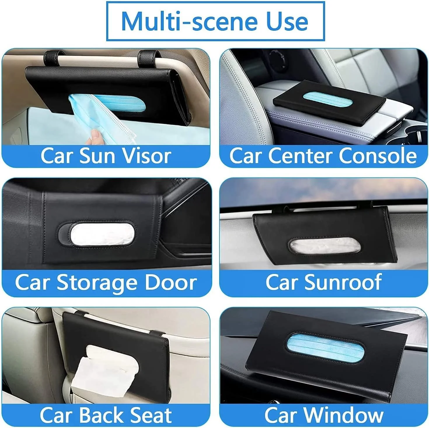 جعبه دستمال کاغذی برای آفتابگیر خودرو، جا دستمال کاغذی، نگهدارنده دستمال کاغذی، گیره چرمی PU، لوازم جانبی خودرو، مشکی