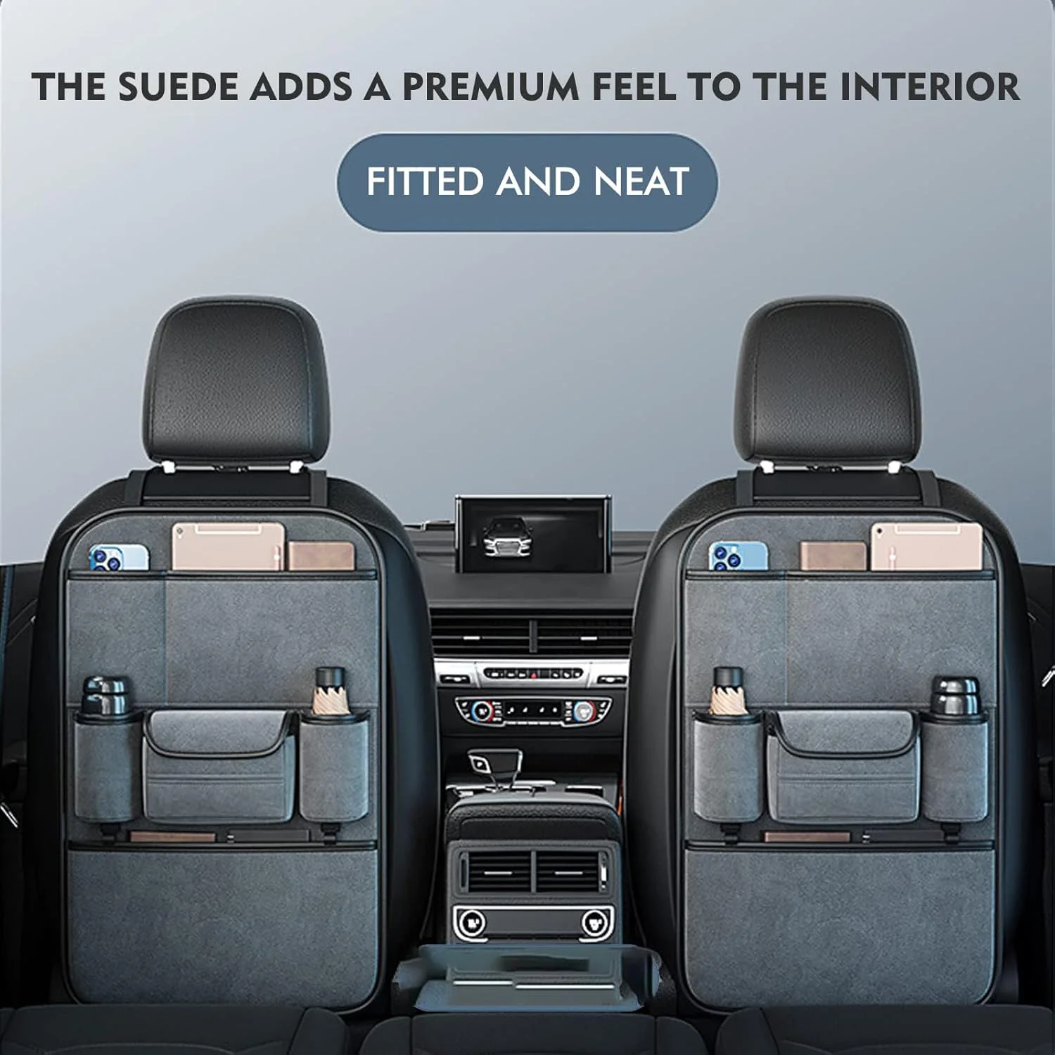 کیف پشتی صندلی خودرو замшевый با ظرفیت بالا، سازمان دهنده صندلی عقب خودرو با قلاب، محافظ پشتی صندلی، لوازم جانبی مسافرتی خودرو، مرتب نگه داشتن خودرو (خاکستری) (JX032-9)