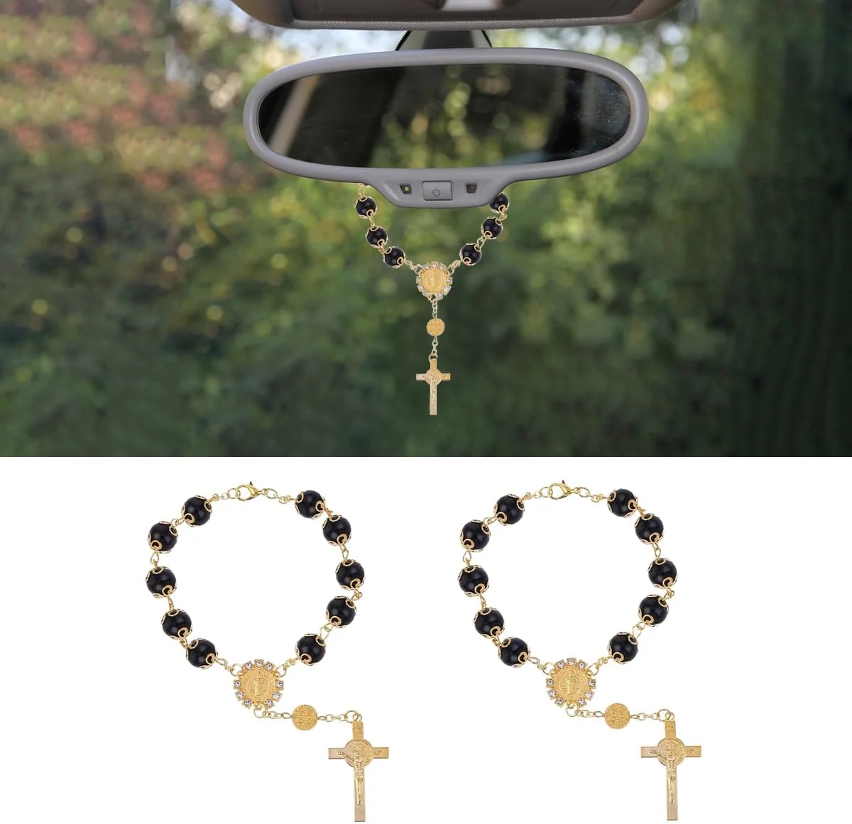 آویز تسبیح خودرو JOYCOURT، 2 عددی، مناسب برای آینه عقب خودرو، تزیینات صلیب، آویز تسبیح، مناسب برای خانم ها و آقایان، تزیینات مهره ای داخل خودرو برای ماشین، موتور سیکلت، کامیون