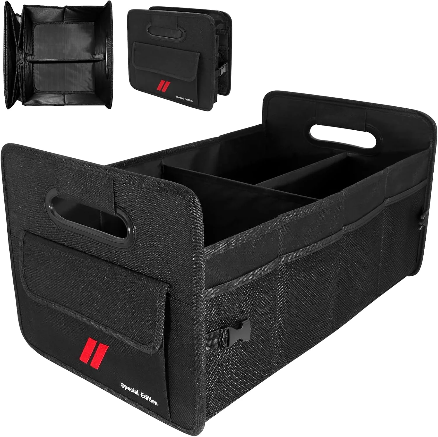 جعبه نظم دهنده صندوق عقب خودرو مناسب دوج چارجر دورانگو چلنجر، تاشو، دارای 2 محفظه، جعبه نگهداری لوازم خودرو با دسته، کف ضد لغزش و دیواره های جانبی محکم (قرمز)