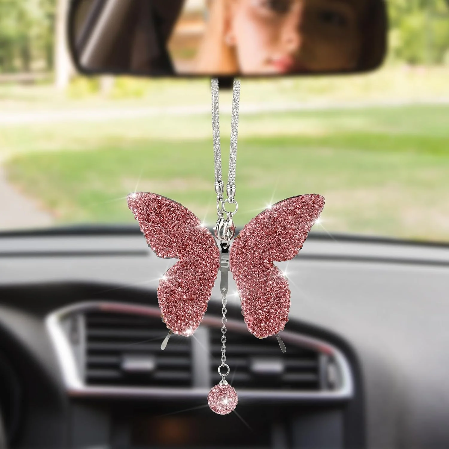 آویز تزیینی پروانه ای خودرو، آویز آینه داخل خودرو، تزیینات الماس دار آینه عقب خودرو، آویز خوش شانس، لوازم جانبی زیبا برای خودرو بانوان (صورتی)