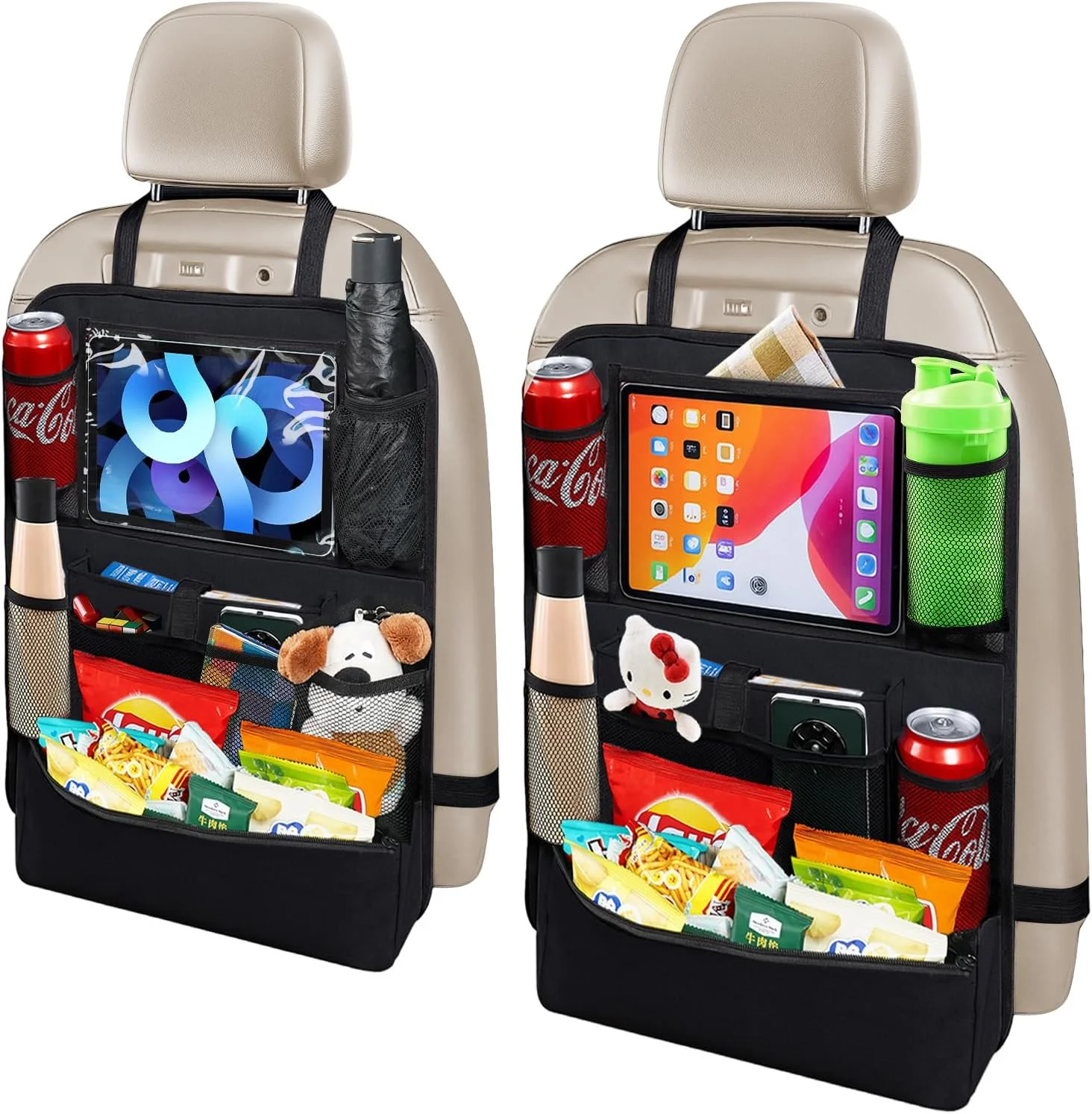 ارگانایزر صندلی عقب خودرو، محافظ صندلی با جای تبلت لمسی، ارگانایزر صندلی عقب برای کودکان، لوازم جانبی مسافرتی با 9 جیب ذخیره سازی، 2 عدد (مشکی)