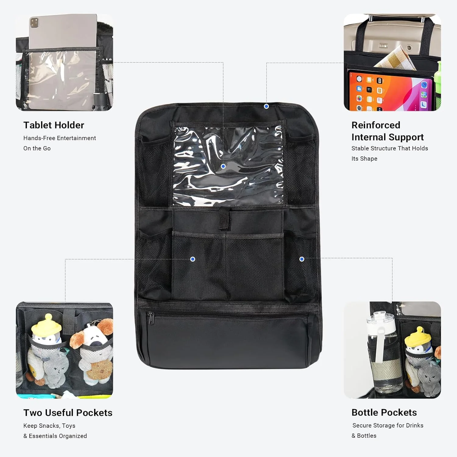 ارگانایزر صندلی عقب خودرو، محافظ صندلی با جای تبلت لمسی، ارگانایزر صندلی عقب برای کودکان، لوازم جانبی مسافرتی با 9 جیب ذخیره سازی، 2 عدد (مشکی)