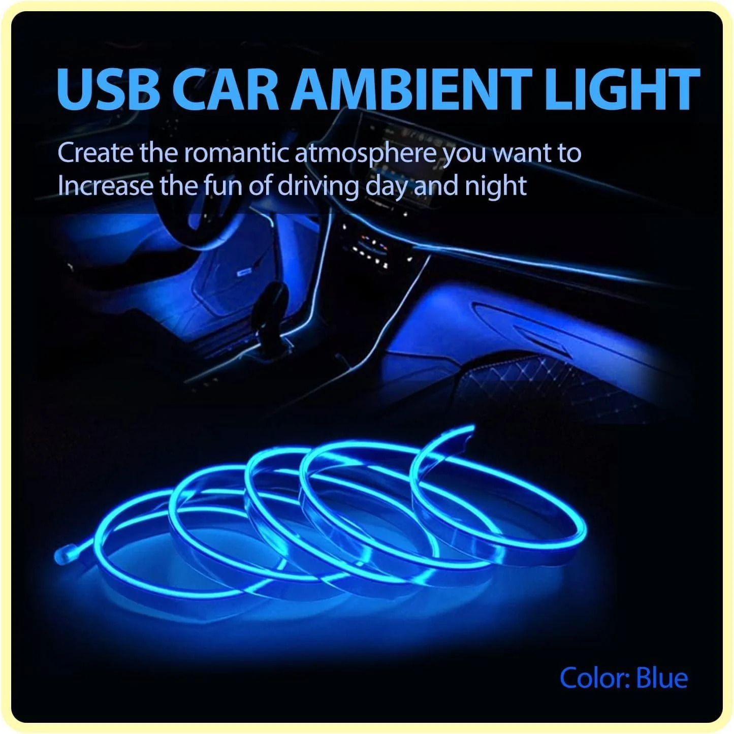 نوار چراغ ال ای دی داخلی خودرو، نوار چراغ نئون اتوماتیک USB با لبه دوخت، چراغ نئون 5 متری 5 ولت با محافظت فیوز، کیت نورپردازی داخلی خودرو (آبی)