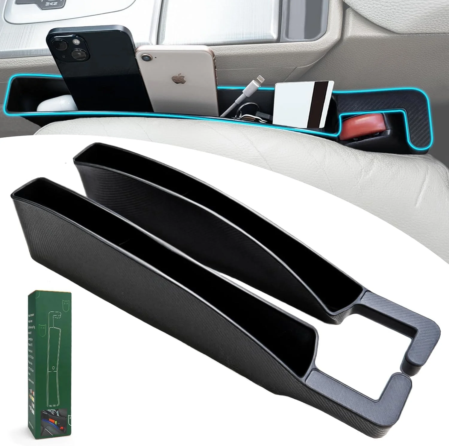سازمان دهنده فضای خالی صندلی خودرو، پوشش دهنده جهانی فضای جانبی با جیب های ذخیره سازی و سوراخ دسترسی کابل، لوازم جانبی چند منظوره خودرو برای تلفن، کلید، عینک و سکه، پایه ضد لغزش (مشکی، 2 عددی)