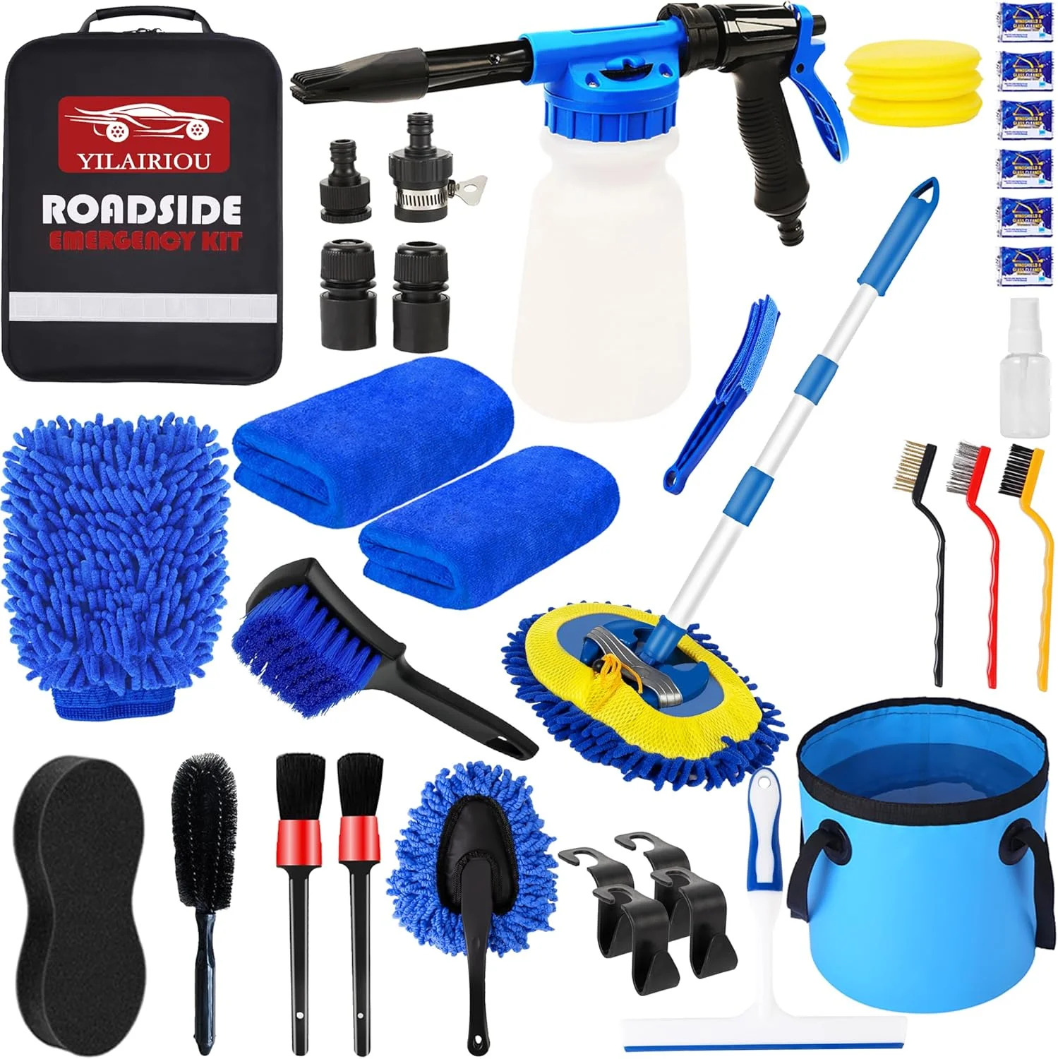 ست ۳۷ عددی لوازم دیتیلینگ و شستشوی خودرو شامل تفنگ فوم پاش، برس تاشو دسته بلند، سطل شستشو، حوله، برس لاستیک، دستکش شستشو، اسفنج و برس گردگیر - یک کیت کامل برای مراقبت از خودرو