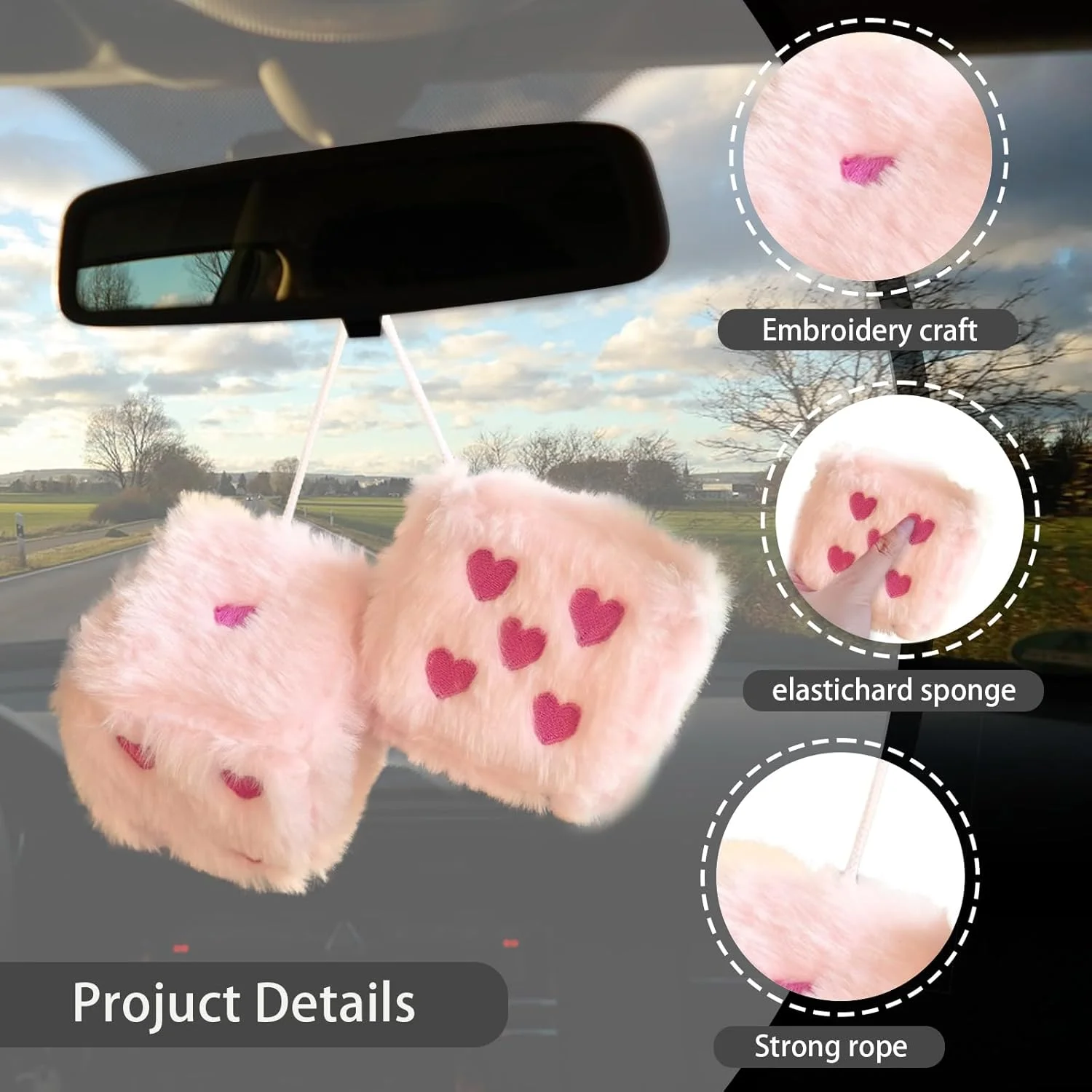 جفت تاس پولیشی فازی گلدوزی شده طرح قلب رنگارنگ 3 اینچی، آویزهای تزئینی نرم و لطیف خودرو، لوازم جانبی تزئینی خودرو برای آینه عقب خودرو (نقاط قرمز گل رز صورتی)