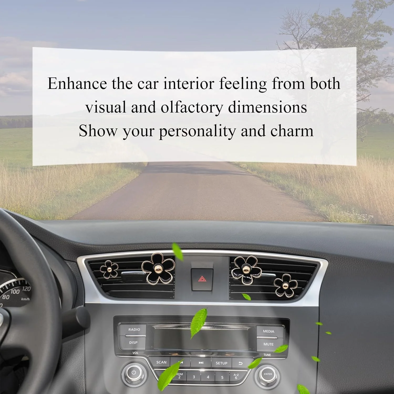 گیره های دریچه هوا طرح گل تزویق، 4 عدد گیره مشکی طرح گل آفتابگردان، خوشبو کننده هوا خودرو با رایحه اسطوخودوس، گیره های قابل شارژ