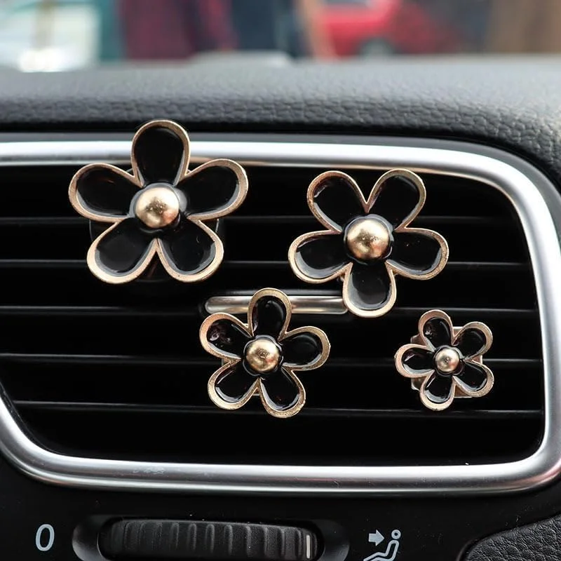 گیره های دریچه هوا طرح گل تزویق، 4 عدد گیره مشکی طرح گل آفتابگردان، خوشبو کننده هوا خودرو با رایحه اسطوخودوس، گیره های قابل شارژ