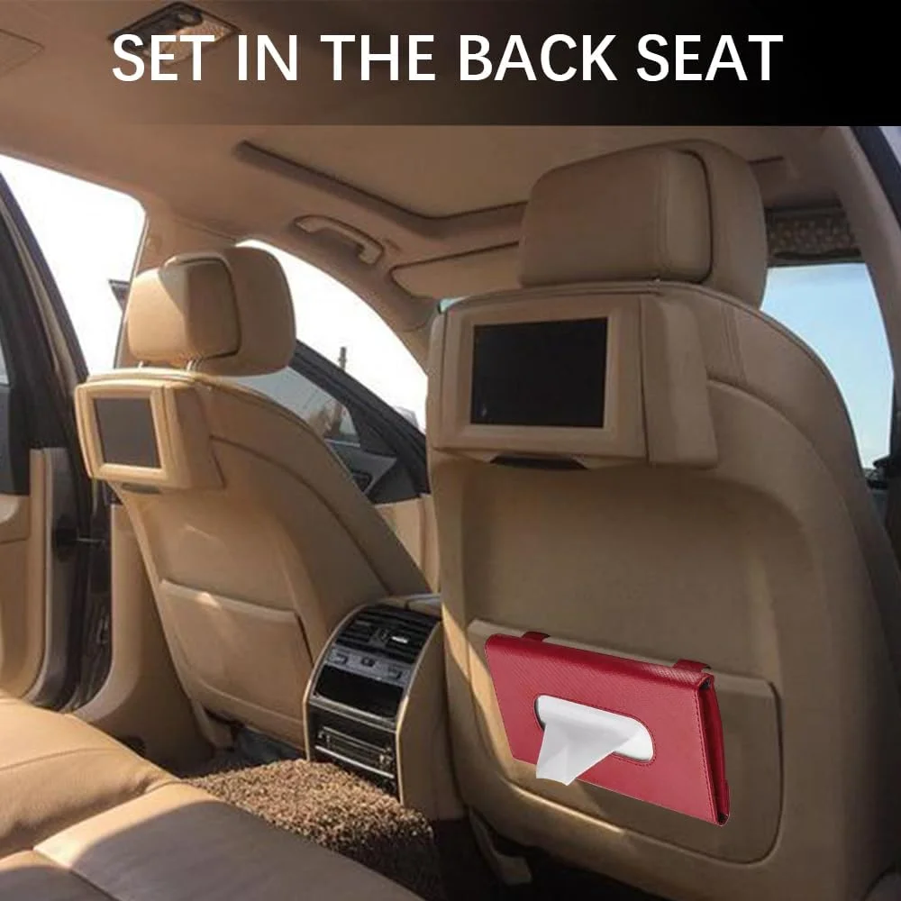 جا دستمال کاغذی خودرو، نگهدارنده دستمال کاغذی چرمی آفتابگیر خودرو، پخش کننده ماسک، نگهدارنده جعبه دستمال کاغذی جهانی خودرو برای آفتابگیر و صندلی عقب، لوازم جانبی داخلی خودرو برای کامیون SUV (قرمز، فیبر کربن)