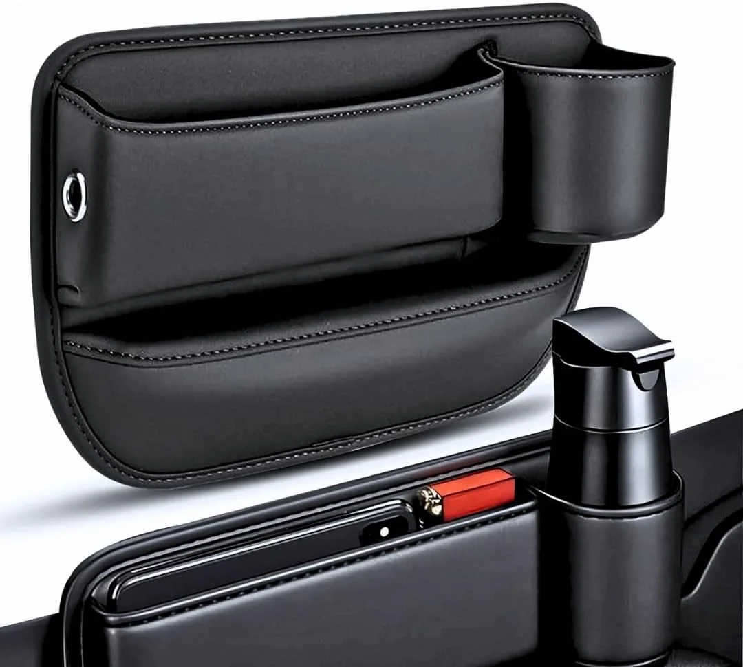 سازمان دهنده شکاف صندلی خودرو با اندازه جهانی، سازمان دهنده کنسول مرکزی خودرو با چرم مرغوب دارای جیب و محل شارژ، لوازم جانبی داخلی شکاف صندلی خودرو مناسب برای تلفن، شارژر، کیف پول و کلید