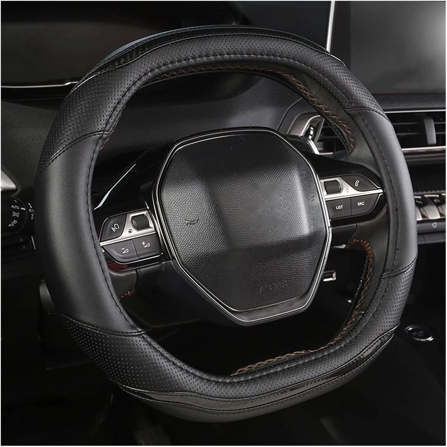 روکش فرمان خودرو فیبر کربنی + چرم PU مناسب برای پژو 3008، 4008، 5008 (رنگ: مشکی)