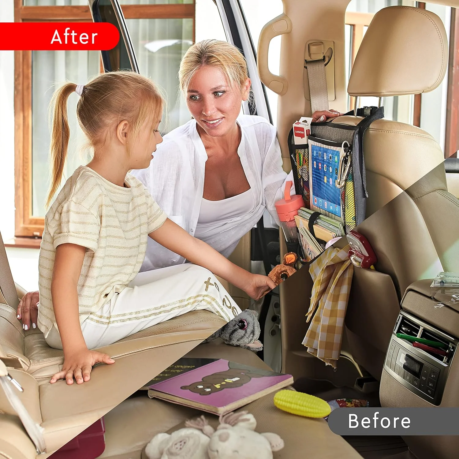 محافظ پشت صندلی خودرو Helteko مدل H، محافظ صندلی عقب با نگهدارنده تبلت لمسی، سازمان دهنده پشت صندلی خودرو برای کودکان، لوازم جانبی مسافرتی خودرو، محافظ صندلی با 9 جیب ذخیره سازی، بسته 2 عددی