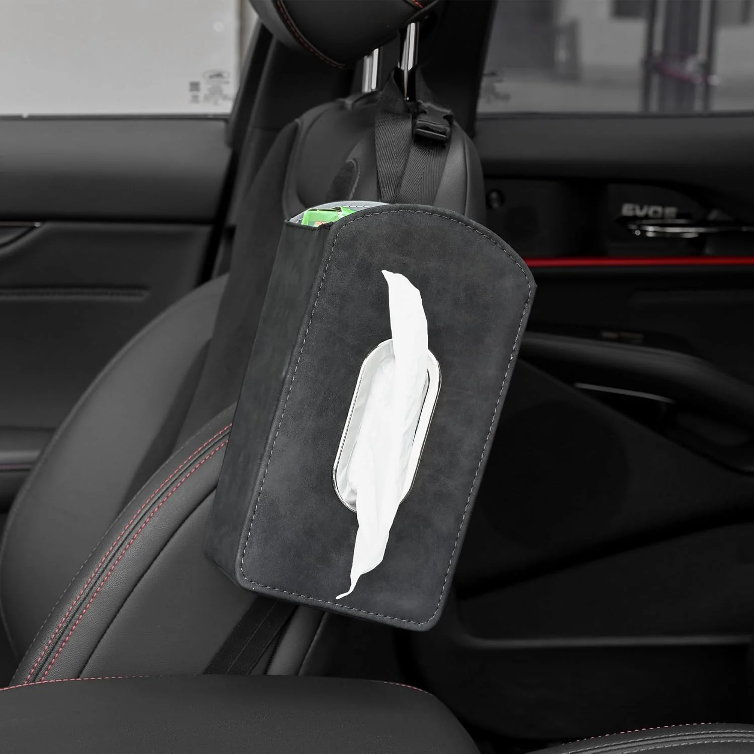 محافظ صندلی خودرو چرمی جیر ممتاز با جای دستمال کاغذی سازگار با دستمال کاغذی 120 برگی، جیب جانبی چند منظوره برای نوشیدنی، تلفن، کارت و لوازم جانبی کوچک - مشکی