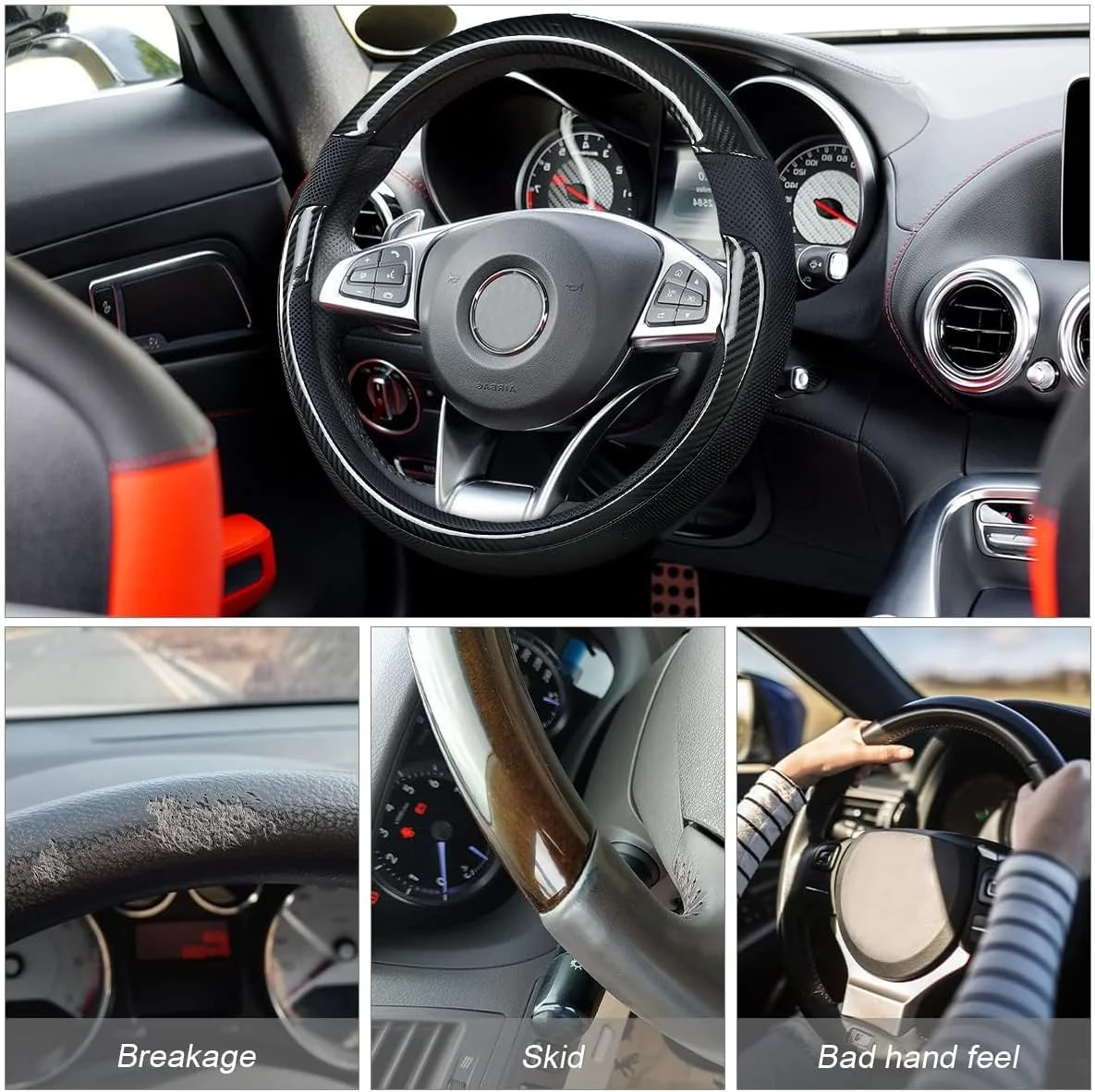 روکش فرمان چرمی میکروفایبر KASTWAVE، ضد لغزش، تنفس پذیر، بدون بو، محافظ فرمان خودرو، روکش فرمان جهانی 15 اینچی، لوازم جانبی خودرو برای اکثر خودروها و SUV ها (مشکی براق)