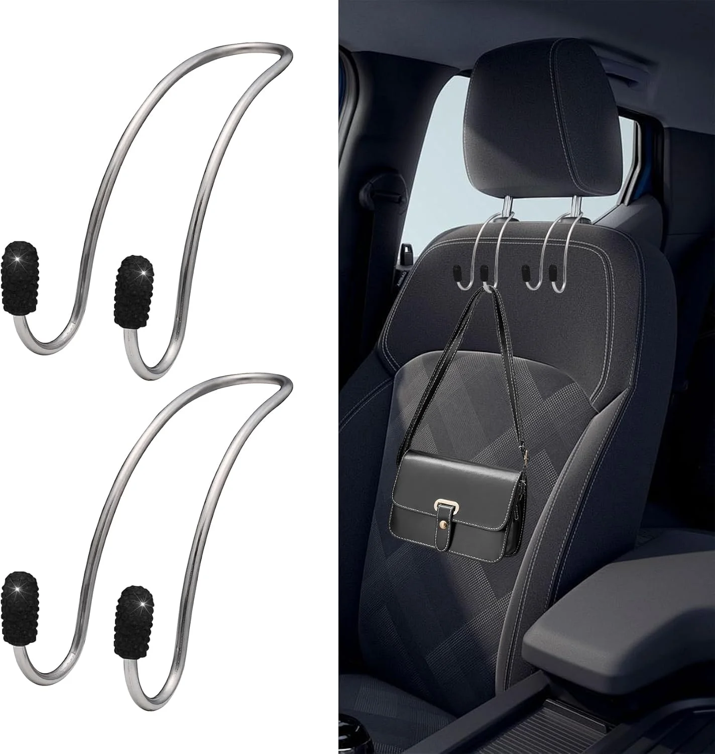 2 عدد قلاب خودرو، آویز سازمان دهنده براق، قلاب پشتی صندلی، قلاب کیف خودرو، آویز پشتی بادوام و محکم، مناسب برای خودروهای شاسی بلند و کامیون، لوازم جانبی براق خودرو برای خانم ها