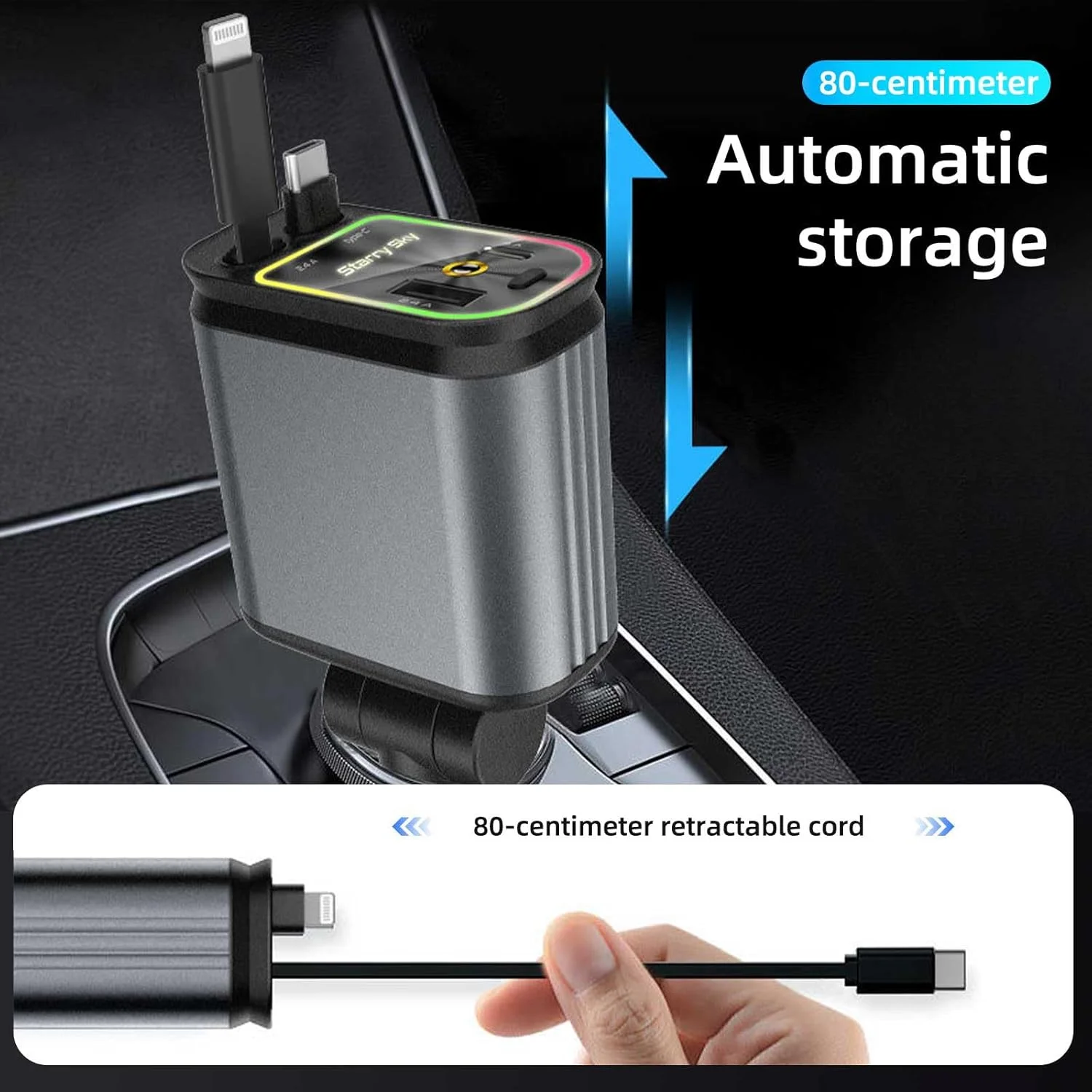 شارژر فندکی خودرو طرح آسمان پرستاره 4 در 1، شارژر موبایل خودرو با پروژکتور آسمان پرستاره، شارژر جمع شونده خودرو USB C شارژ سریع، لوازم جانبی خودرو (بنفش)