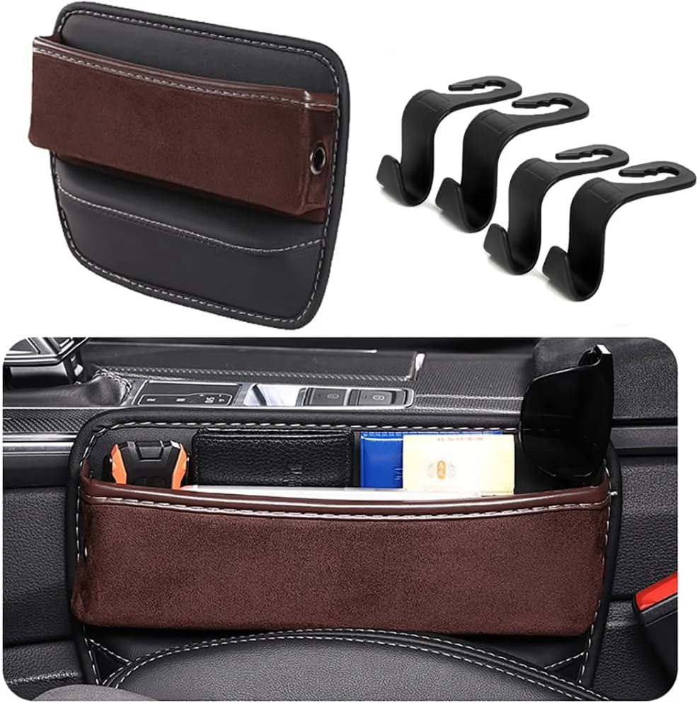 پرکننده شکاف صندلی خودرو CooKaa، جعبه چرمی سازمان دهنده صندلی خودرو و لوازم جانبی خودرو - پرکننده قابل تنظیم شکاف صندلی جلو خودرو برای تلفن، عینک، کلید، کارت (قهوه ای)