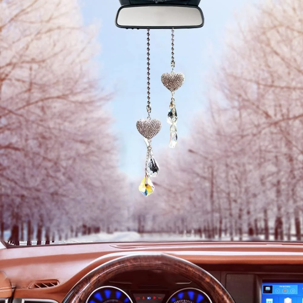 آویز آینه خودرو، لوازم جانبی خودرو برای بانوان، آویز آینه خودرو کریستالی طرح عشق، آویز تزئینی آینه عقب خودرو، برای دکوراسیون داخلی خودرو، هدیه سالگرد (نقره ای، تک سایز)