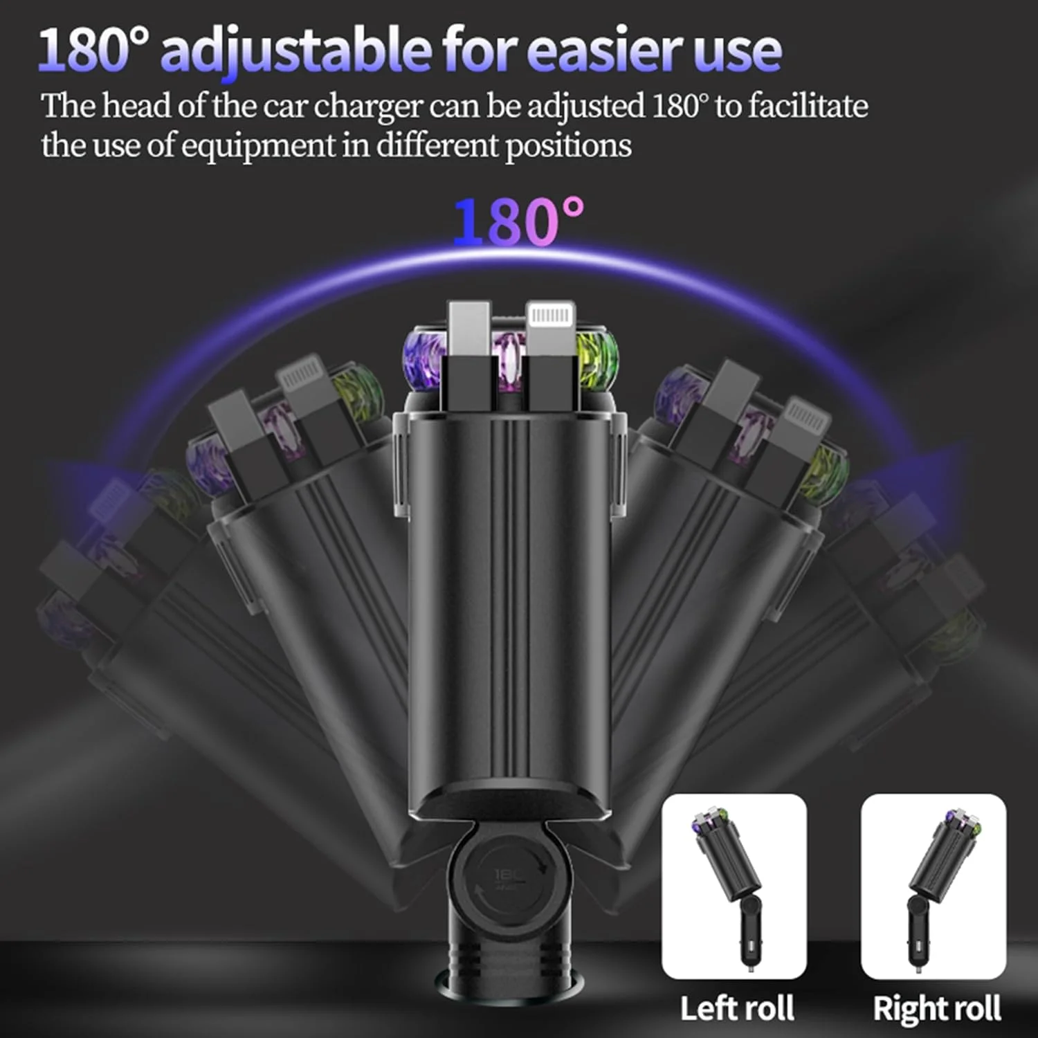 شارژر فندکی خودرو 5 در 1 اکو شاین با چراغ ستاره ای خوشبو کننده هوا، کابل های جمع شونده USB-C و iOS، 3 بطری عطر، شارژ سریع 45 واتی، مشکی و خاکستری