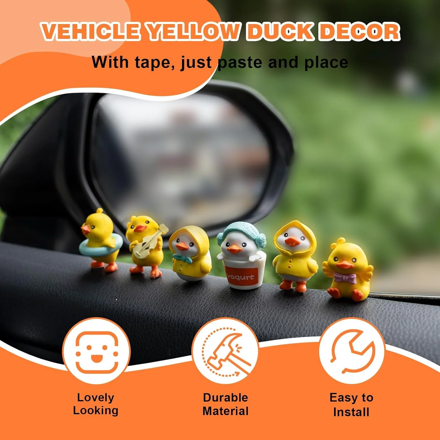 تزئین داشبورد خودرو طرح اردک زرد، 6 عدد مینیاتوری زیبا برای داخل خودرو، لوازم جانبی آینه دید عقب، تزئینات PVC ضد آب برای خانه و محل کار