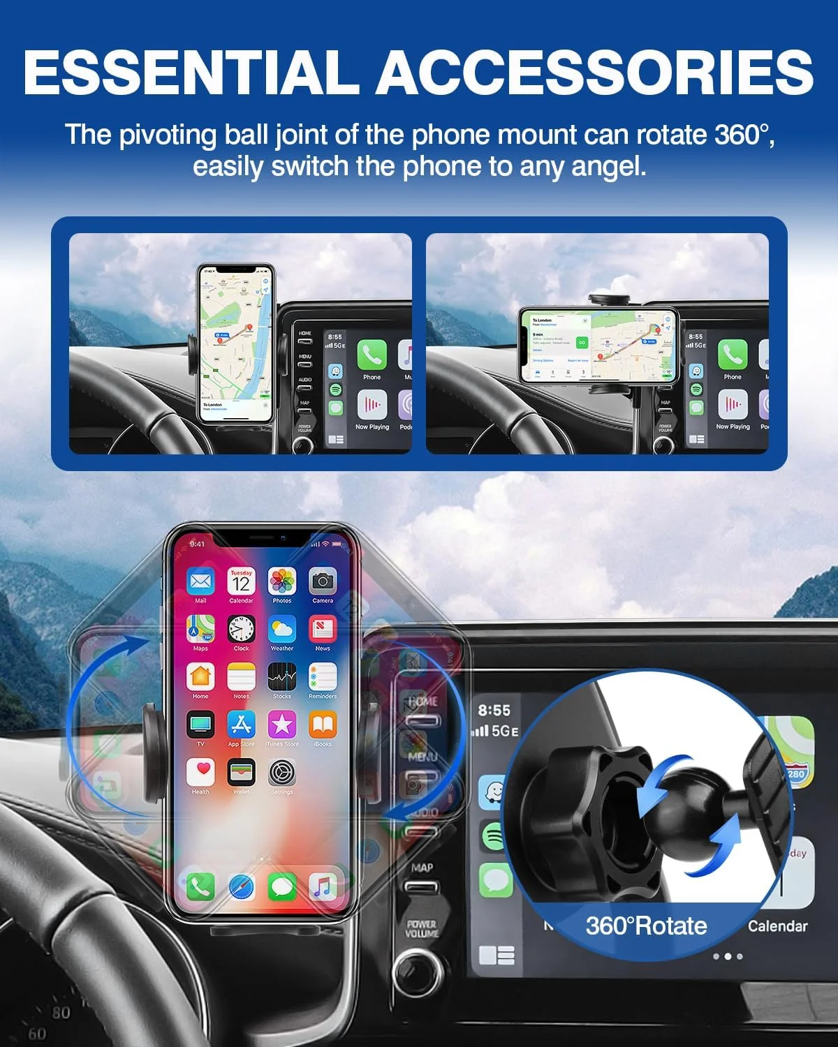 نگهدارنده تلفن همراه خودرو مناسب برای تویوتا C-HR مدل 2019-2022 با صفحه نمایش 8 اینچی، پایه نگهدارنده تلفن همراه با قابلیت چرخش 360 درجه