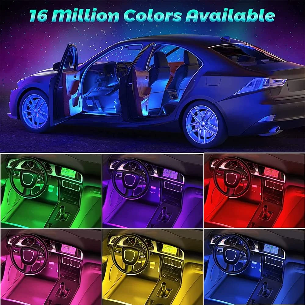چراغ های ال ای دی خودرو، نوارهای چراغ خودرو، همگام سازی موسیقی فوق العاده روشن، کنترل برنامه هوشمند چند رنگ، چراغ های ال ای دی فعال با صدا در زیر داشبورد پورت USB برای خودرو، کامیون، SUV، جیپ
