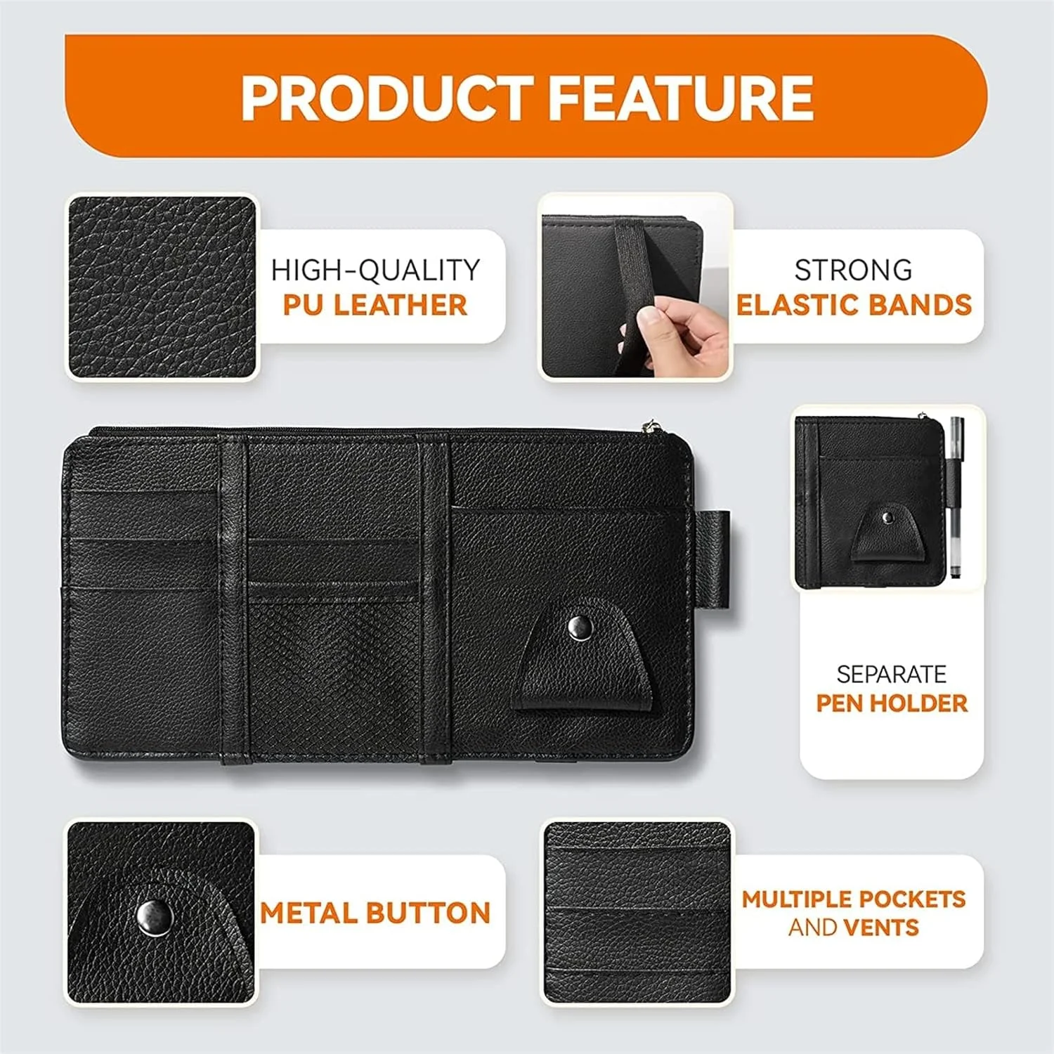 کیف لوازم آفتابگیر خودرو بولیوی، مشکی، لوازم جانبی داخلی خودرو، کیف ذخیره سازی آفتابگیر چرمی PU با زیپ توری چند جیبی برای خودروهای سواری، کامیون و SUV