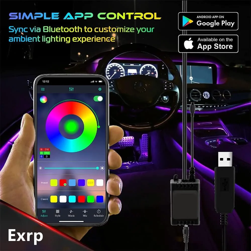 چراغ های ال ای دی خودرو، نوارهای چراغ خودرو، همگام سازی موسیقی فوق العاده روشن، کنترل برنامه هوشمند چند رنگ، چراغ های ال ای دی فعال با صدا در زیر داشبورد پورت USB برای خودرو، کامیون، SUV، جیپ