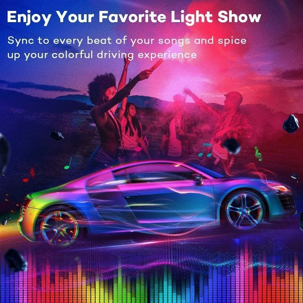 چراغ های ال ای دی خودرو، نوارهای چراغ خودرو، همگام سازی موسیقی فوق العاده روشن، کنترل برنامه هوشمند چند رنگ، چراغ های ال ای دی فعال با صدا در زیر داشبورد پورت USB برای خودرو، کامیون، SUV، جیپ