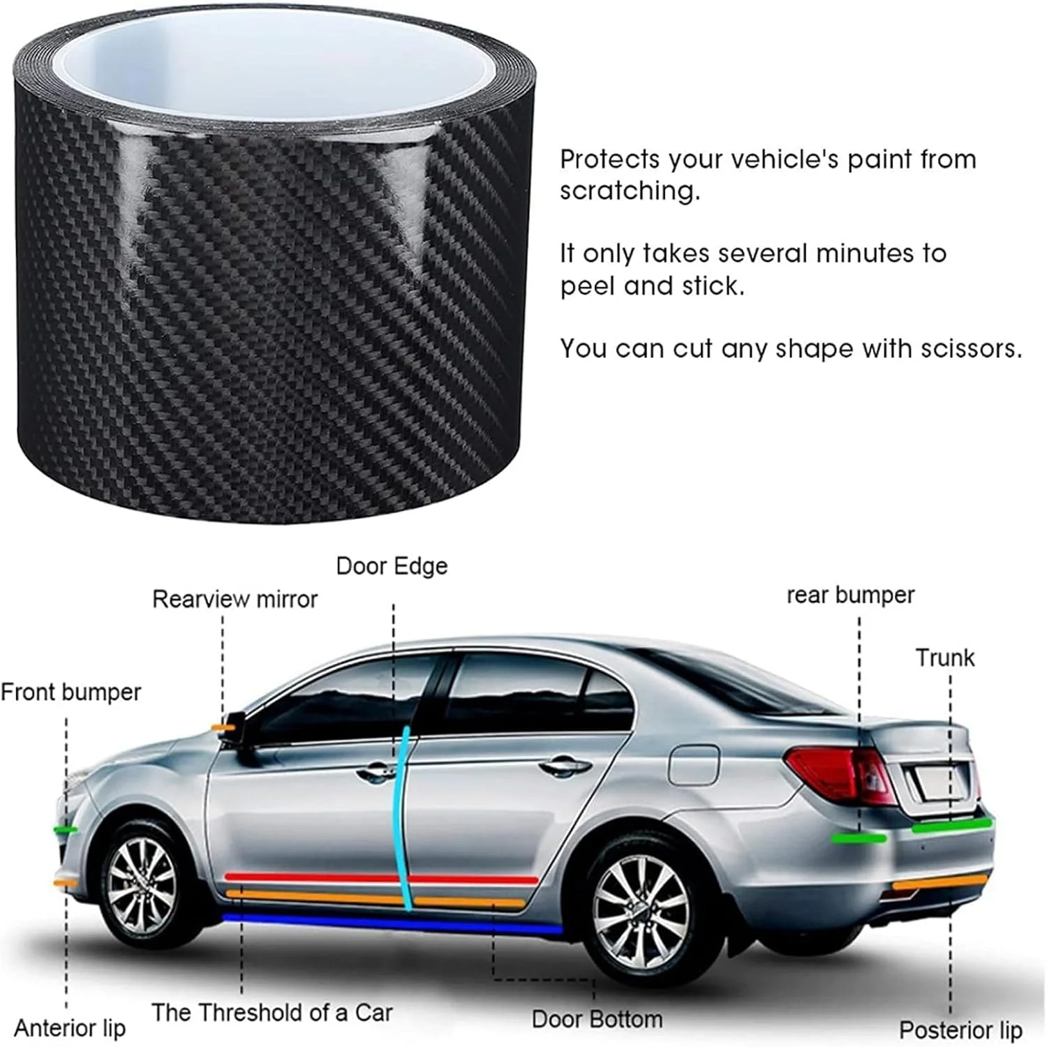 محافظ رکاب درب خودرو فیبر کربنی X Spring، استیکر سپر و کاپوت، محافظ آستانه رنگ 5D برای اکثر خودروها (7x300 سانتی متر)