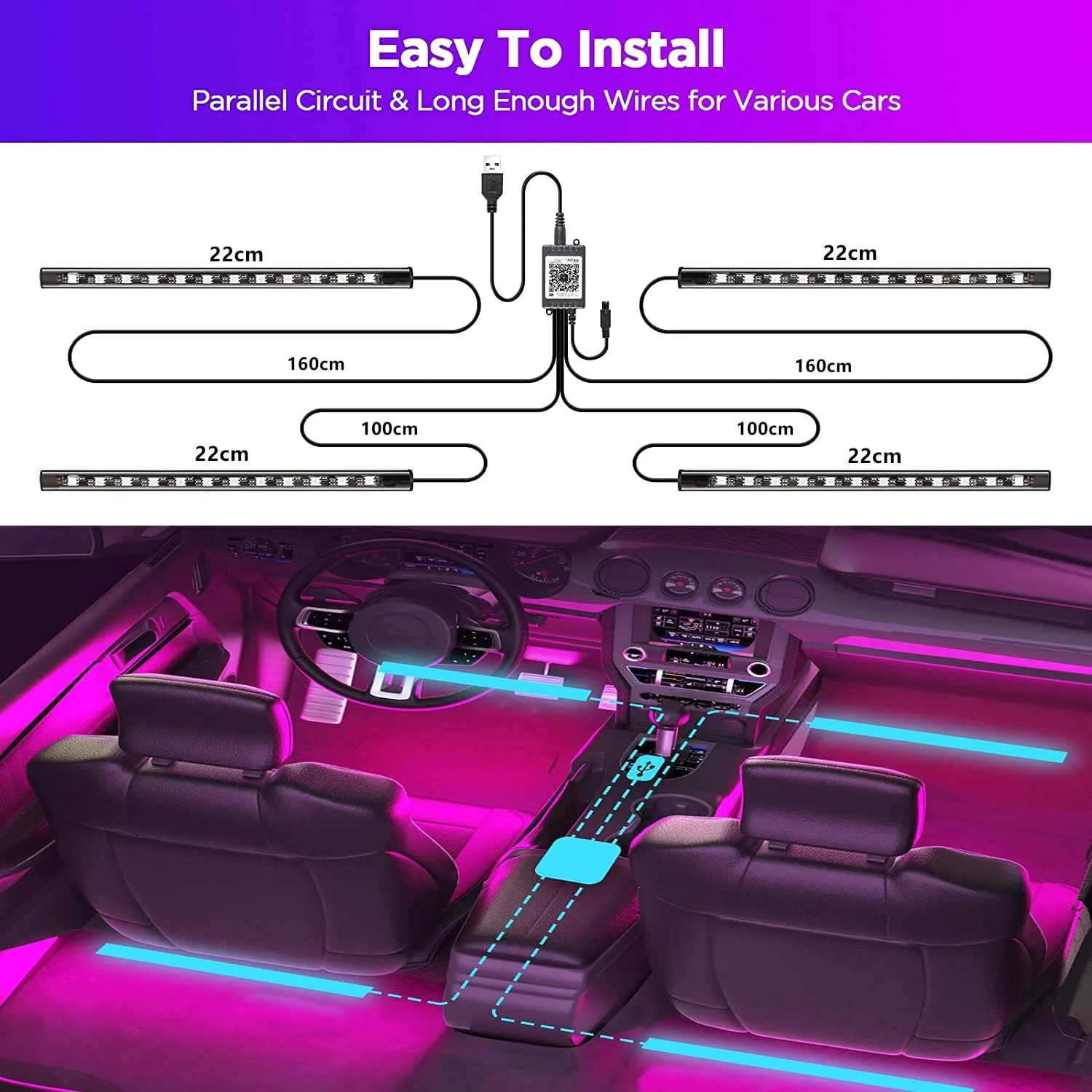 چراغ های ال ای دی خودرو، نوارهای چراغ خودرو، همگام سازی موسیقی فوق العاده روشن، کنترل برنامه هوشمند چند رنگ، چراغ های ال ای دی فعال با صدا در زیر داشبورد پورت USB برای خودرو، کامیون، SUV، جیپ