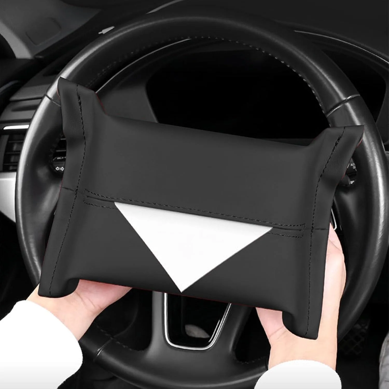 جا دستمال کاغذی چرمی PU خودرو، روکش جعبه دستمال کاغذی چرمی، ایده آل برای کنسول وسط، صندلی عقب و لوازم جانبی فرمان.