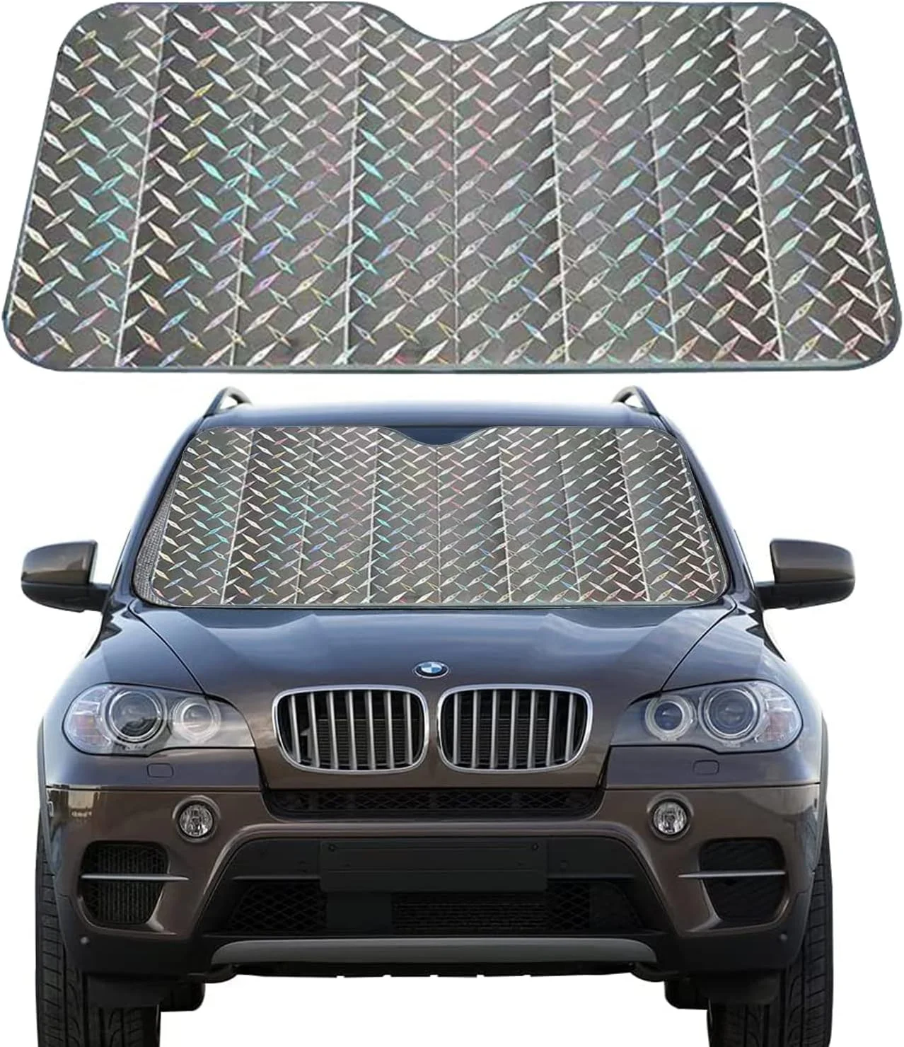 آفتابگیر شیشه جلوی خودرو GGEROU، ضخیم 5 لایه بازتابنده UV تاشو آکاردئونی، پوشش محافظ سایه بان شیشه جلوی خودرو و خنک نگه داشتن خودرو، لوازم جانبی داخلی خودرو (55 x 29 اینچ)