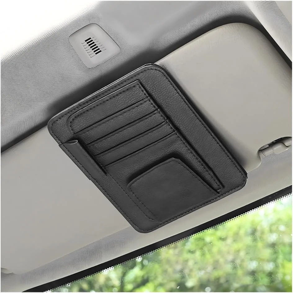 کیف مدارک آفتابگیر خودرو povtii، گیره نگهدارنده چرمی ضدآب، پوشه آفتابگیر چند منظوره خودرو با گیره عینک آفتابی، لوازم جانبی داخلی خودرو (مشکی)