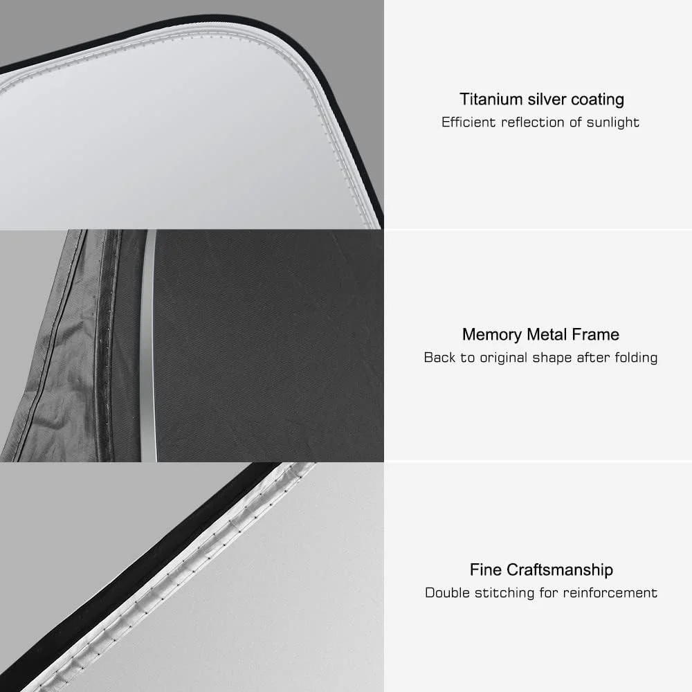 آفتابگیر تاشو شیشه جلوی خودرو 142 * 80 سانتی متر، آفتابگیر بازتابنده شیشه جلو با کیف نگهداری، محافظ پنجره جلوی خودرو در برابر اشعه ماوراء بنفش و حرارت خورشید، خنک نگهدارنده خودرو