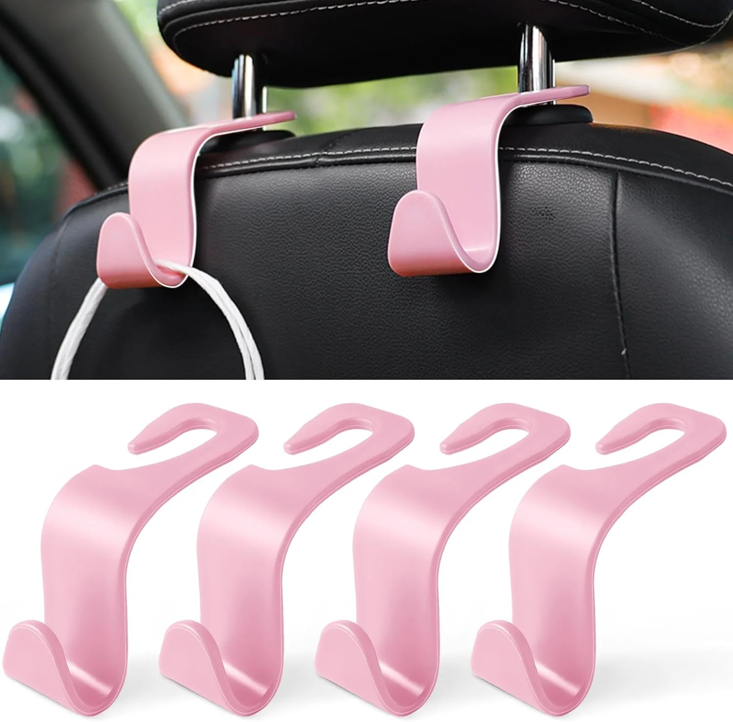 آویز پشت سری صندلی خودرو LivTee، آویزهای صندلی خودرو سازمان دهنده لوازم داخلی برای کیف، کت، چتر، کیسه های خرید، کیف دستی، بسته 4 عددی - صورتی