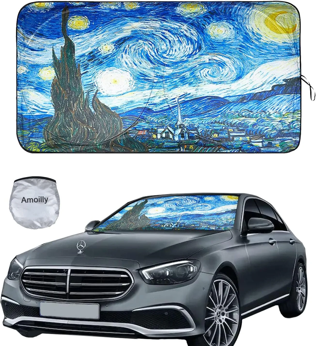 آفتابگیر خودرو Amoilly، آفتابگیر تاشو طرح آسمان پر ستاره، لوازم جانبی خودرو محافظت در برابر اشعه ماوراء بنفش، 150 * 80 سانتی متر (M)