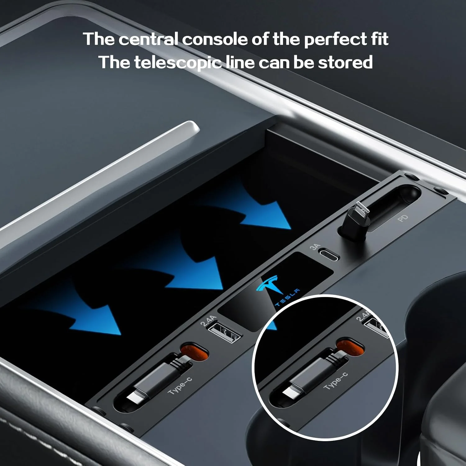 شارژر USB چند پورت خودرو مناسب مدل های تسلا 3/Y سال 2021، 2022 و 2023، لوازم جانبی چند منظوره تسلا با لوگو و کابل جمع شونده، هاب USB تسلا با فیت 100% کنسول مرکزی، هدیه برای مالکان تسلا، مشکی (T10)