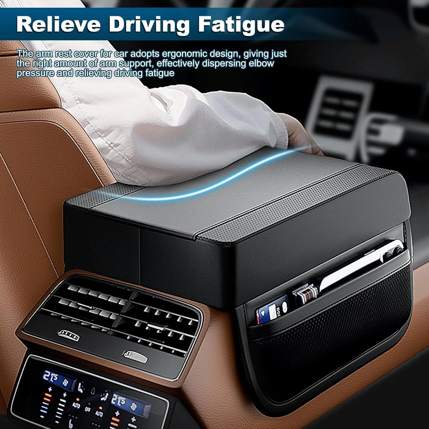 روکش کنسول وسط خودرو بیگ تری، مناسب برای انواع خودروها با 2 کیف نگهداری، پد زیر آرنج ضدآب، لوازم جانبی داخلی خودرو با فوم حافظه دار ممتاز برای خودروهای تویوتا، هیوندای، نیسان