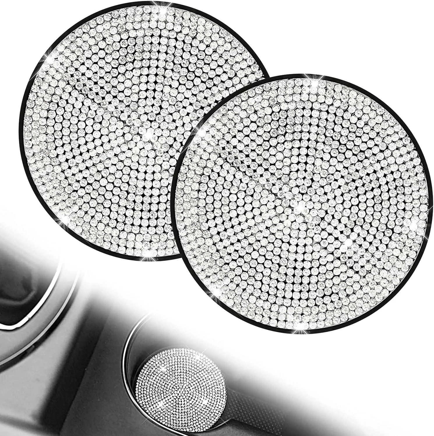 زیر لیوانی خودرو، 2 عدد زیر لیوانی نگین دار براق، 4، 2.75 اینچ ضد لغزش و ضد ضربه، زیر لیوانی خودروی شیک و جهانی، لوازم جانبی داخلی خودرو کریستالی برای بانوان