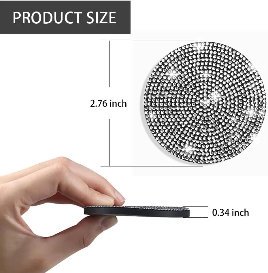 زیر لیوانی خودرو، 2 عدد زیر لیوانی نگین دار براق، 4، 2.75 اینچ ضد لغزش و ضد ضربه، زیر لیوانی خودروی شیک و جهانی، لوازم جانبی داخلی خودرو کریستالی برای بانوان