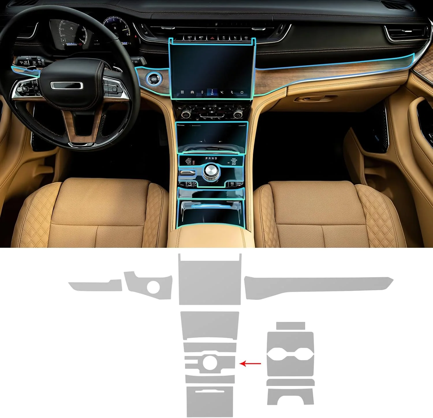 محافظ رنگ خودرو از جنس TPU HD برای جیپ گرند چروکی 2021-2024، ضخامت 8.5 میل، لوازم جانبی داخلی (دکمه کنترل مرکزی)