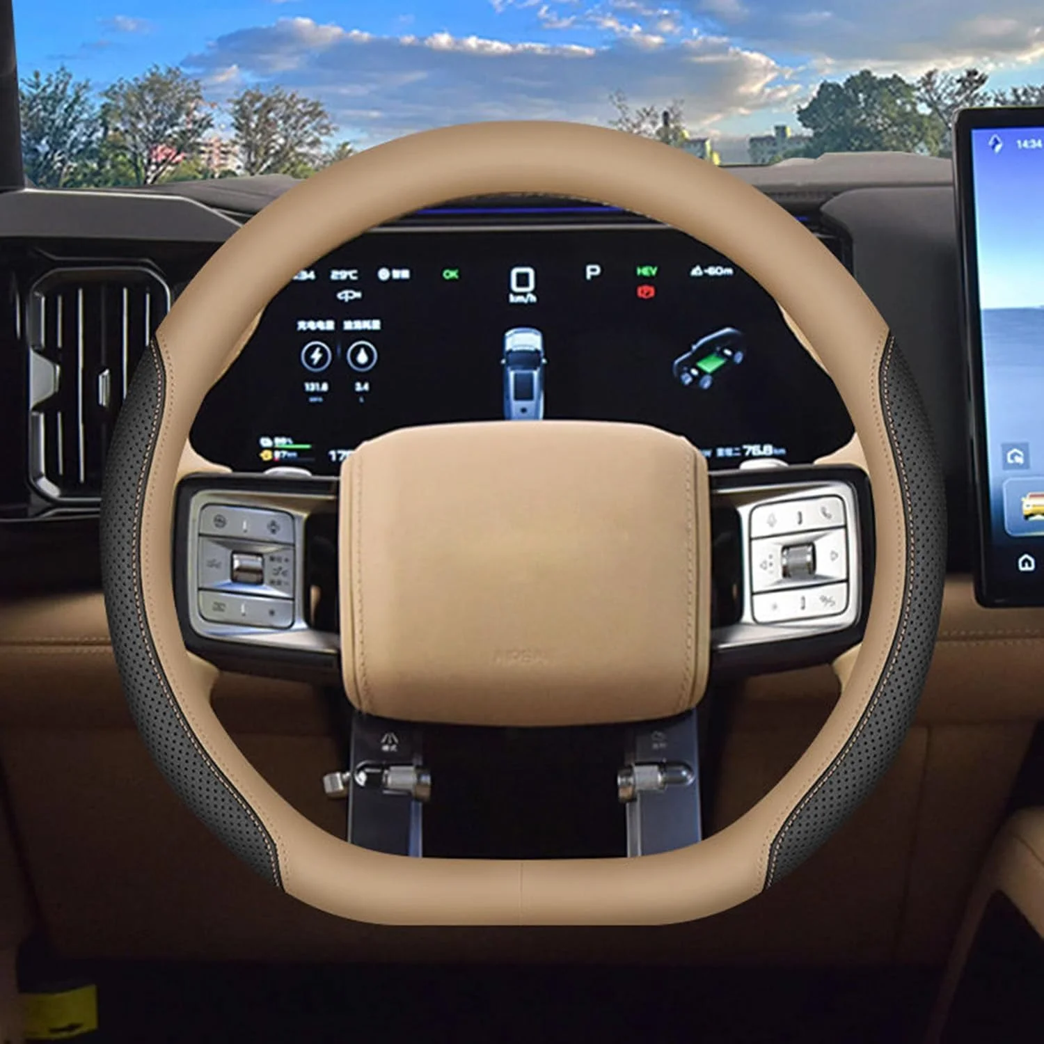 روکش فرمان چرمی ممتاز خودرو سازگار با BYD Leopard 8 مدل 2024 2025، روکش محافظ فرمان خودرو از جنس چرم میکروفیبر تنفسی و ضد لغزش (زرد)